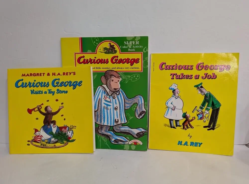 Lot of 2 Curious George Books and 1 Activity Book Vintage Reading Drawing